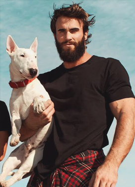 Actor Calum von Moger with Rex, 2018
