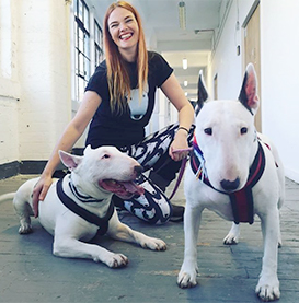 Artist Emily Devine with Kasper and Luna, 2018