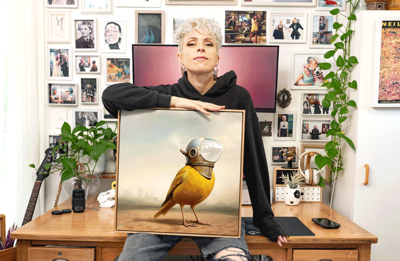 Lix North in studio with her painting 'Seer' (2025)